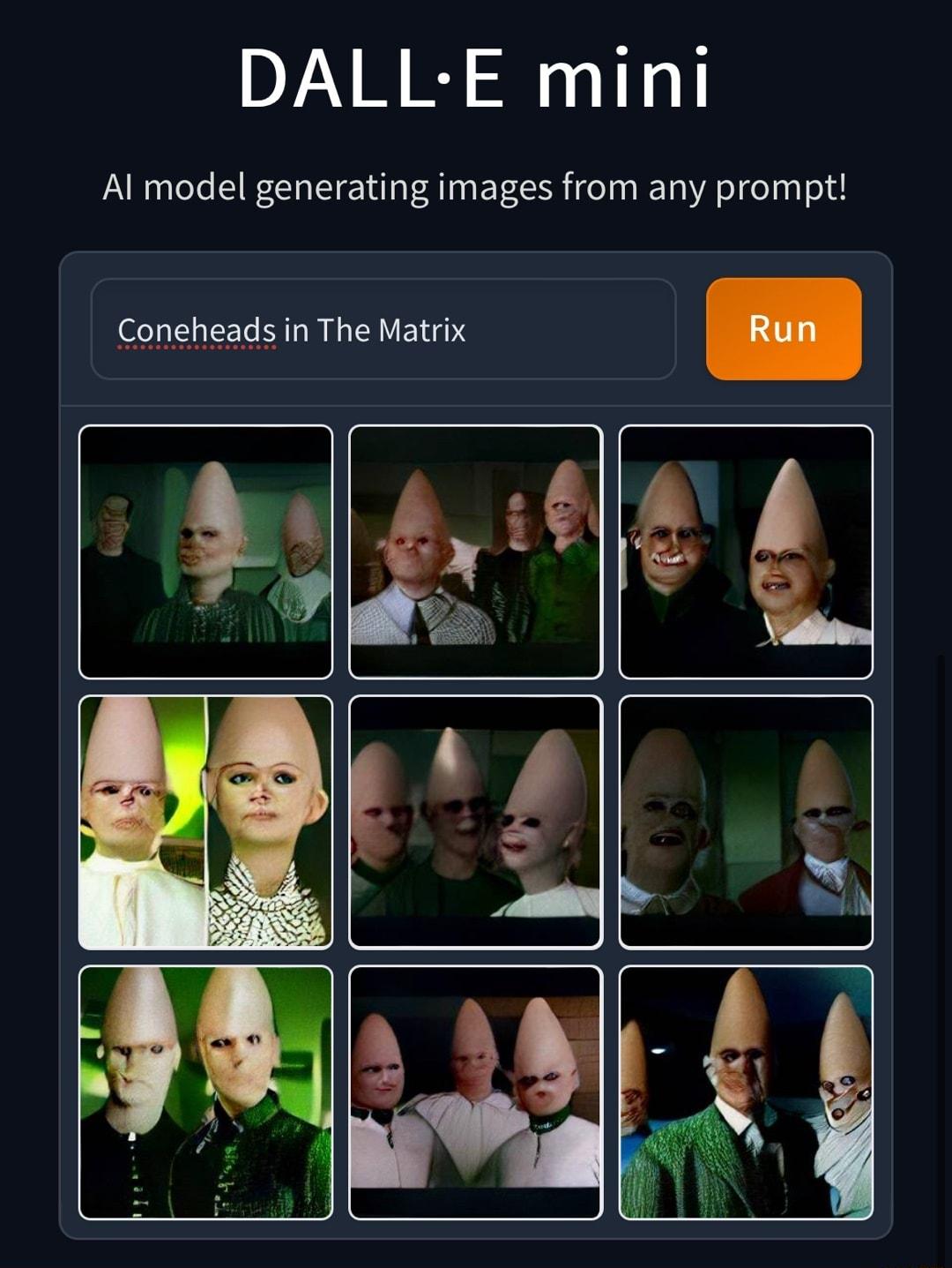 DALL E mini Al model generating images from any prompt Coneheads in The Matrix S N N