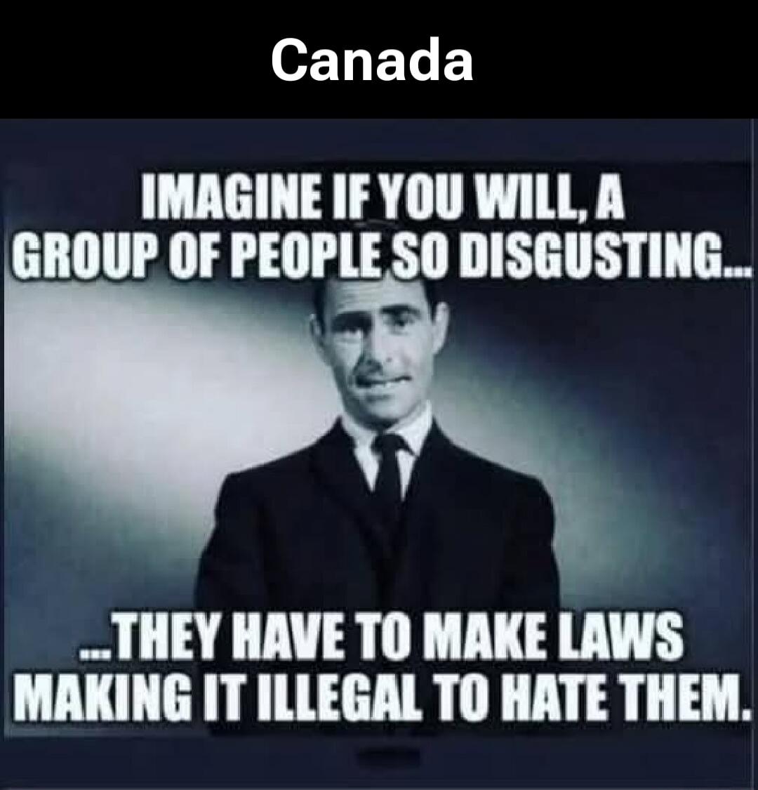 Canada. Imagine if you will, a group of people so disgusting... they have to make laws making it illegal to hate them.