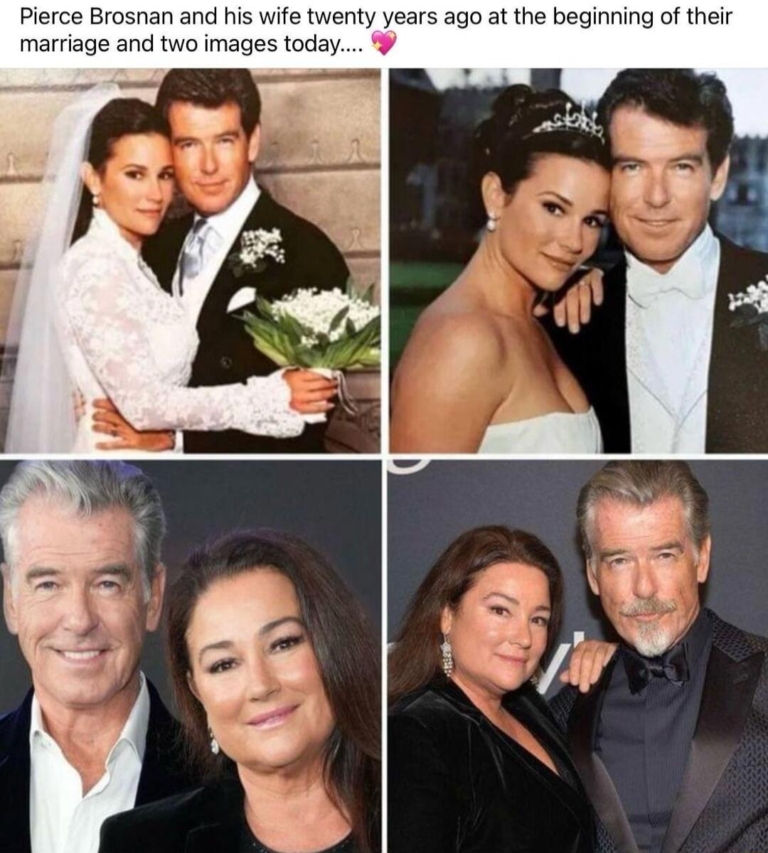 Pierce Brosnan and his wife twenty years ago at the beginning of their marriage and two images today.