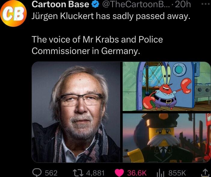Cartoon Base TheCartoonB 20h Jurgen Kluckert has sadly passed away The voice of Mr Krabs and Police Commissioner in Germany