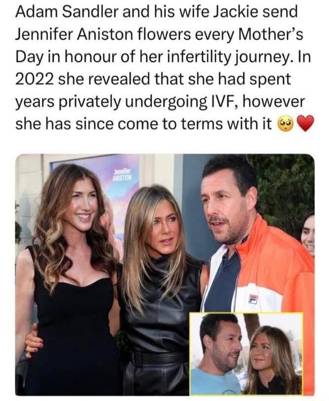Adam Sandler and his wife Jackie send Jennifer Aniston flowers every Mother's Day in honour of her infertility journey. In 2022 she revealed that she had spent years privately undergoing IVF, however she has since come to terms with it.
