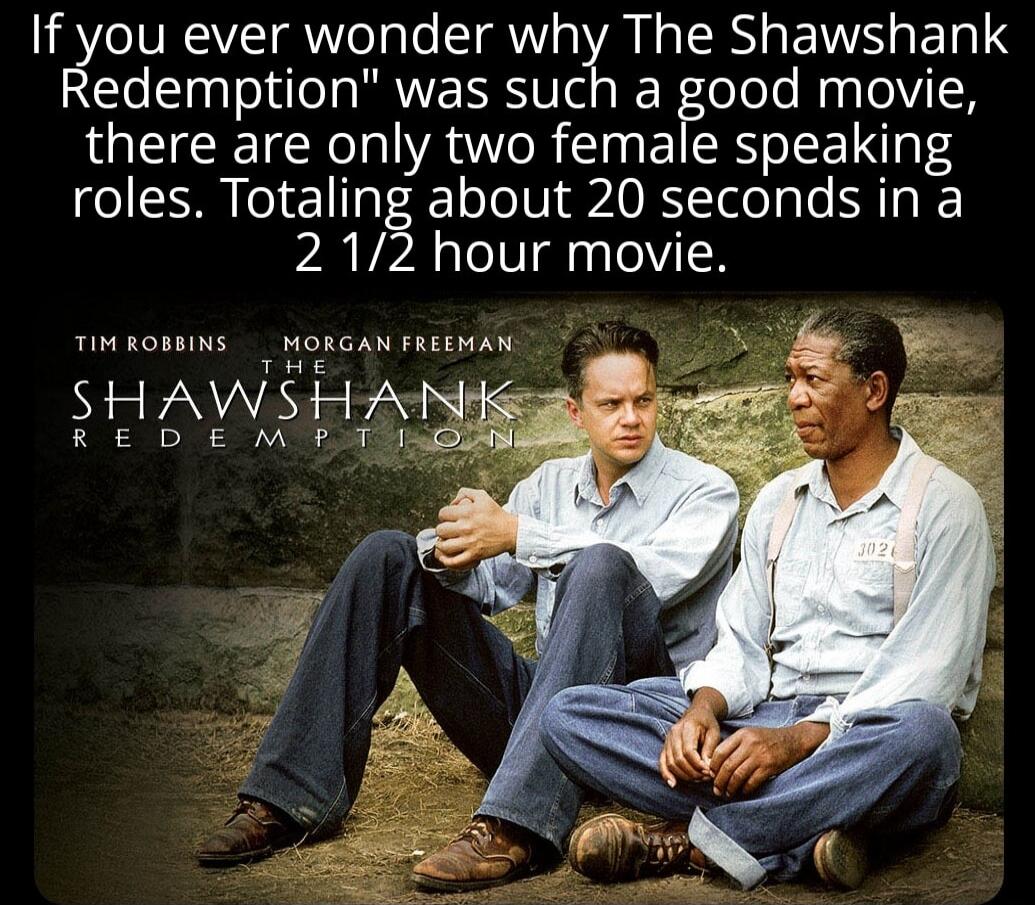 If you ever wonder why The Shawshank Redemption was such a good movie, there are only two female speaking roles. Totalling about 20 seconds in a 2 1/2 hour movie.