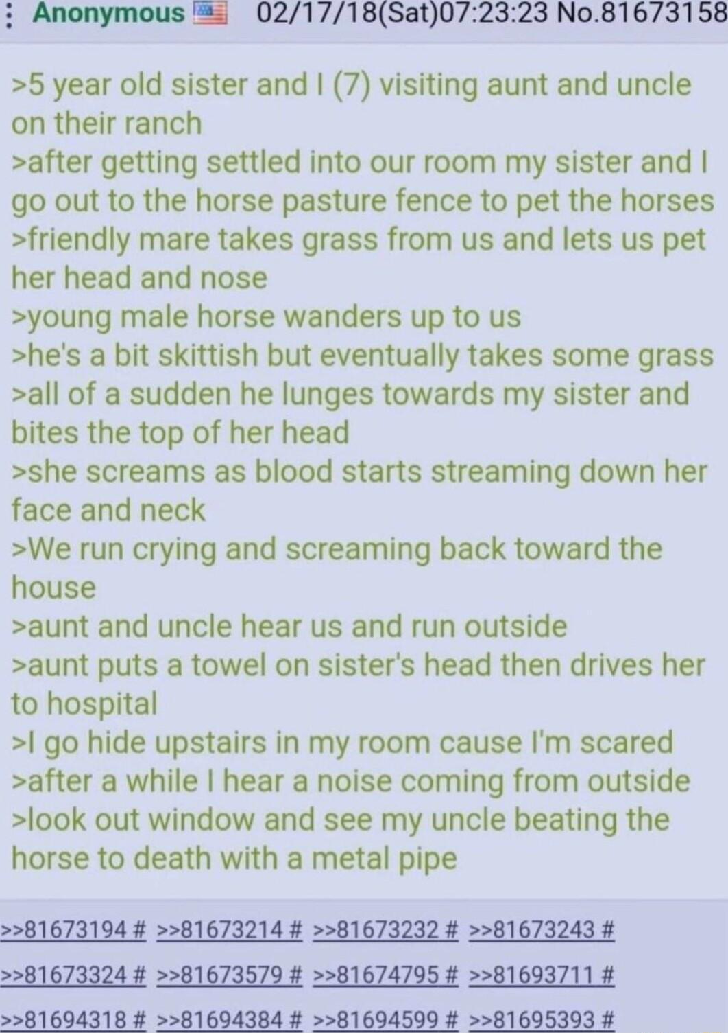 i Anonymous 021718Sat072323 No81673158 5 year old sister and 7 visiting aunt and uncle on their ranch after getting settled into our room my sister and go out to the horse pasture fence to pet the horses friendly mare takes grass from us and lets us pet her head and nose young male horse wanders up to us hes a bit skittish but eventually takes some grass all of a sudden he lunges towards my sister