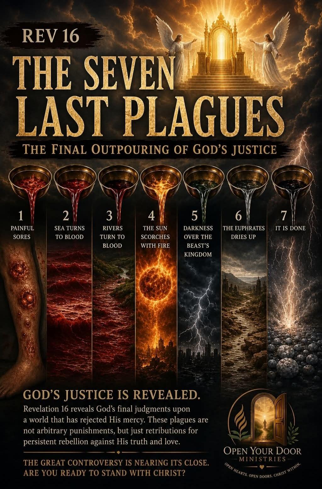 REV 16 THE SEVEN LAST PLAGUES THE FINAL OUTPOURING OF GOD'S JUSTICE 1 PAINFUL SORES 2 SEA TURNS TO BLOOD 3 RIVERS TURN TO BLOOD 4 THE SUN SCORCHES WITH FIRE 5 DARKNESS OVER THE BEAST'S KINGDOM 6 THE EUPHRATES DRIES UP 7 IT IS DONE GOD'S JUSTICE IS REVEALED. Revelation 16 reveals God's final judgments upon a world that has rejected His mercy. These 