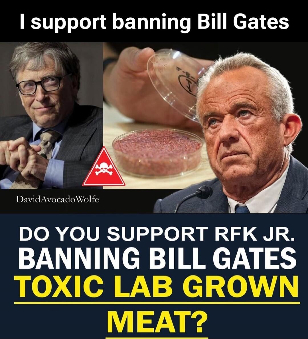 I support banning Bill Gates. DavidAvocadoWolfe. Do you support RFK Jr. banning Bill Gates toxic lab grown meat?
