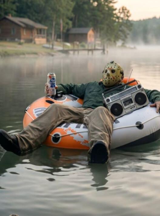 A person dressed as Jason Voorhees from Friday the 13th, wearing a hockey mask, green shirt, and brown pants, is relaxing on an inflatable tube in a calm lake. They are holding a can of Pabst Blue Ribbon beer and have a boombox next to them. In the background, there are cabins and trees.