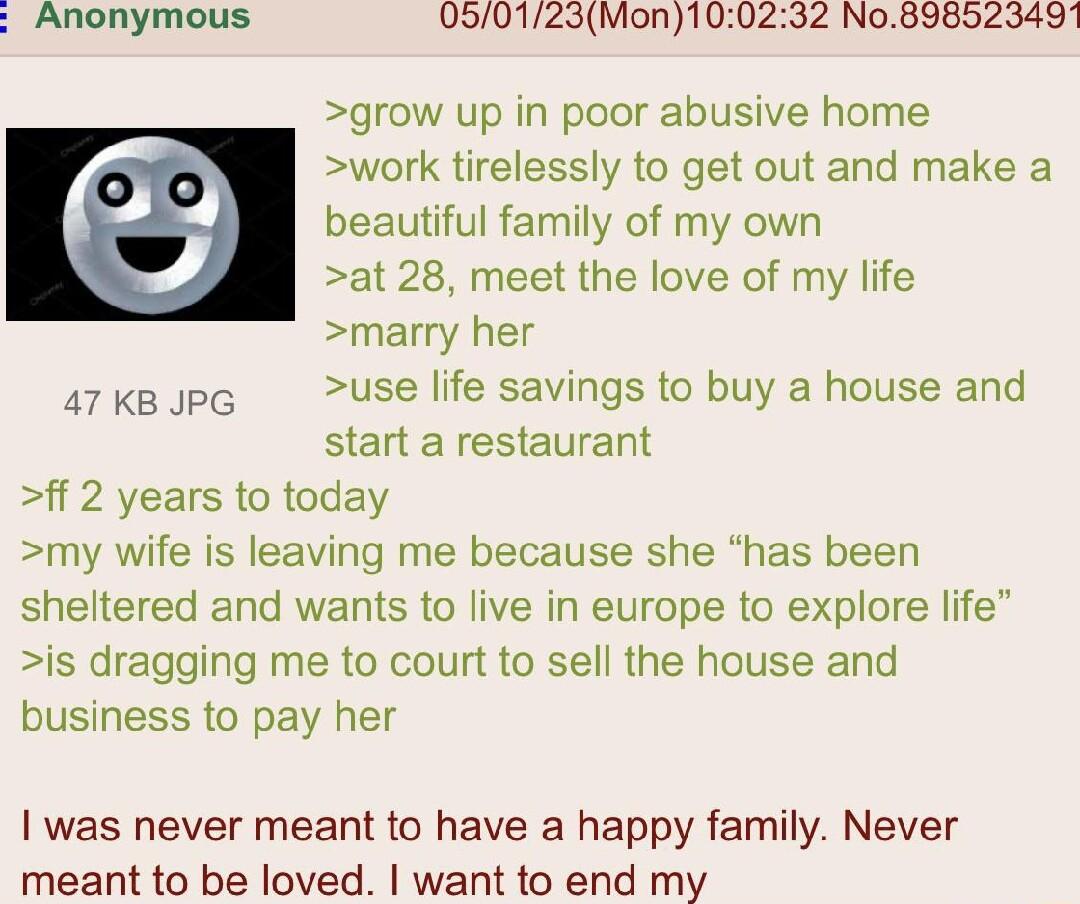 Anonymous 050123Mon100232 No898523491 grow up in poor abusive home work tirelessly to get out and make a beautiful family of my own at 28 meet the love of my life marry her use life savings to buy a house and start a restaurant ff 2 years to today my wife is leaving me because she has been sheltered and wants to live in europe to explore life is dragging me to court to sell the house and business 
