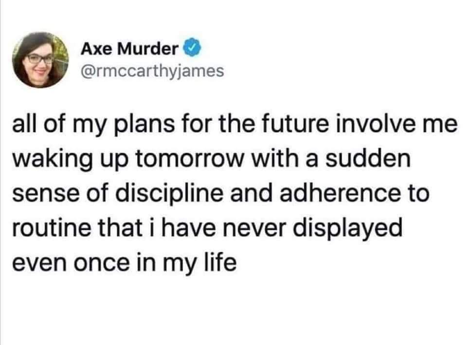 f Axe Murder rmccarthyjames all of my plans for the future involve me waking up tomorrow with a sudden sense of discipline and adherence to routine that i have never displayed even once in my life