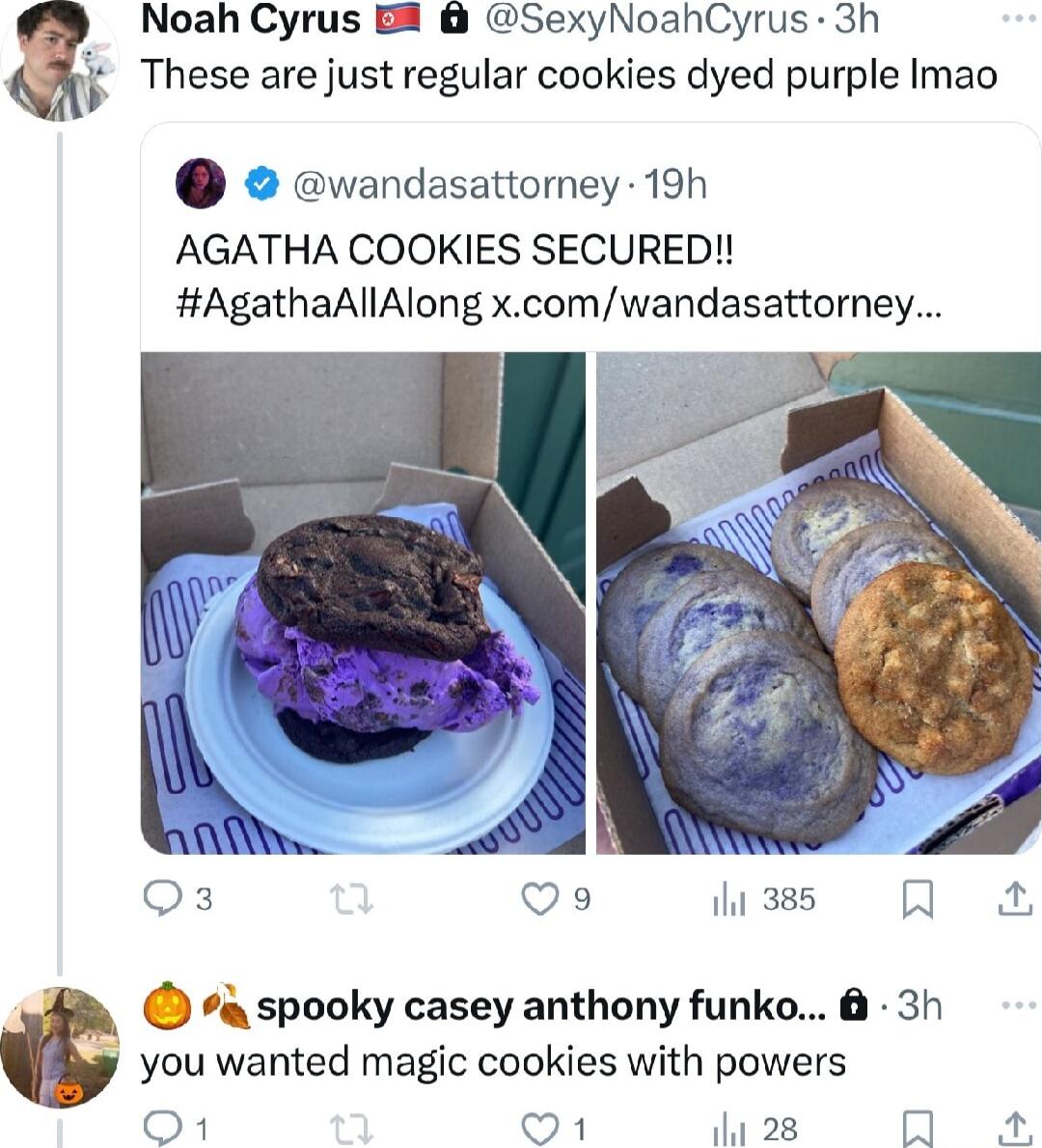 Noah Cyrus B8 SexyNoahCyrus 3h These arejust regular cookies dyed purple Imao wandasattorney 19h AGATHA COOKIES SECURED AgathaAllAlong xcomwandasattorney Q3 v s QA ra spooky casey anthony funko 3h you wanted magic cookies with powers O1 Q1 il 28 R 2