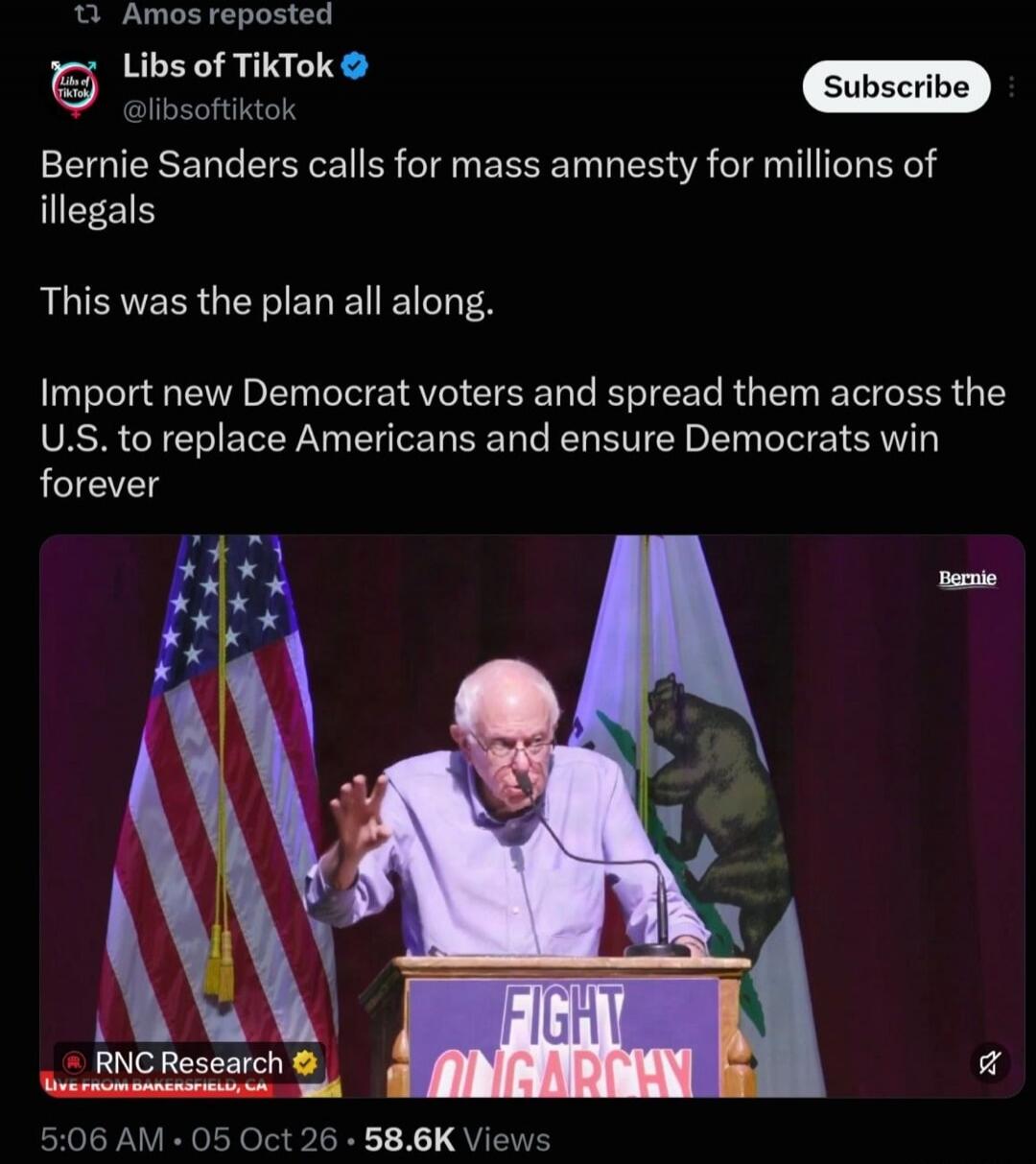Bernie Sanders calls for mass amnesty for millions of illegals. This was the plan all along. Import new Democrat voters and spread them across the U.S. to replace Americans and ensure Democrats win forever. Fight Oligarchy. RNC Research. Live from Bakersfield, CA. Bernie.