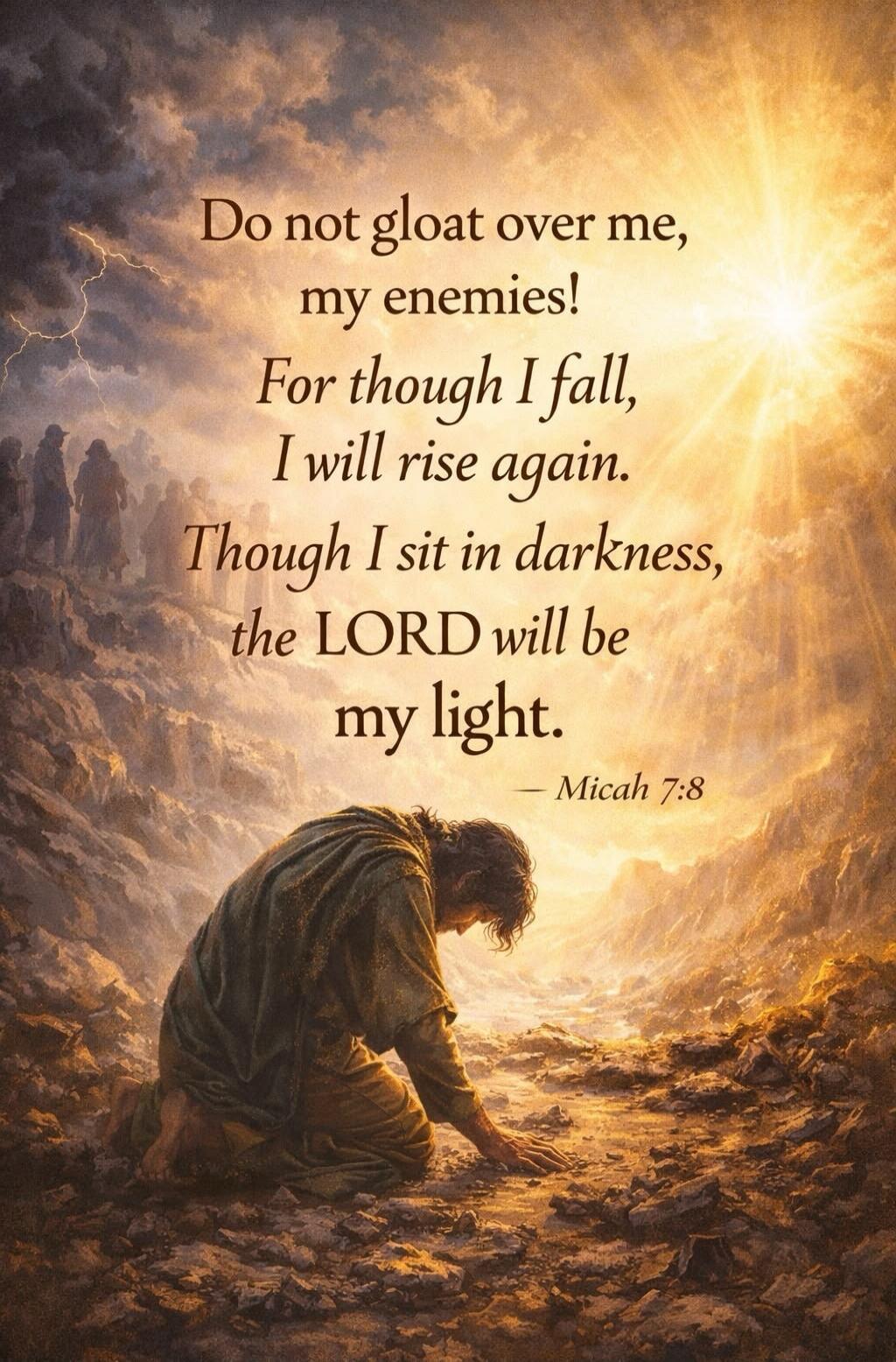 Do not gloat over me, my enemies! For though I fall, I will rise again. Though I sit in darkness, the LORD will be my light. — Micah 7:8