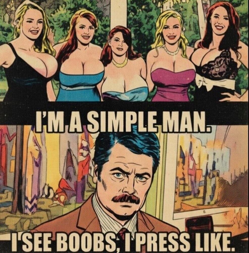 I'M A SIMPLE MAN. I SEE BOOBS, I PRESS LIKE.