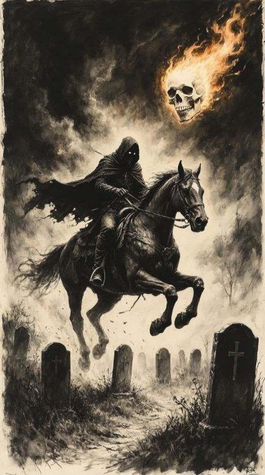A hooded rider on a galloping horse charges through a graveyard, with a glowing flaming skull in the dark sky above.