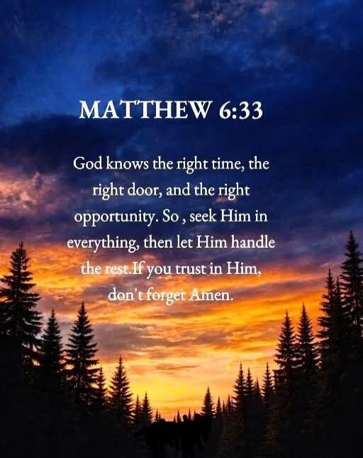MATTHEW 6:33
God knows the right time, the right door, and the right opportunity. So, seek Him in everything, then let Him handle the rest. If you trust in Him, don't forget Amen.