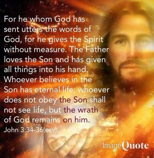 For he whom God has sent utters the words of God, for he gives the Spirit without measure. The Father loves the Son and has given all things into his hand. Whoever believes in the Son has eternal life; whoever does not obey the Son shall not see life, but the wrath of God remains on him. John 3:34-36(esv)