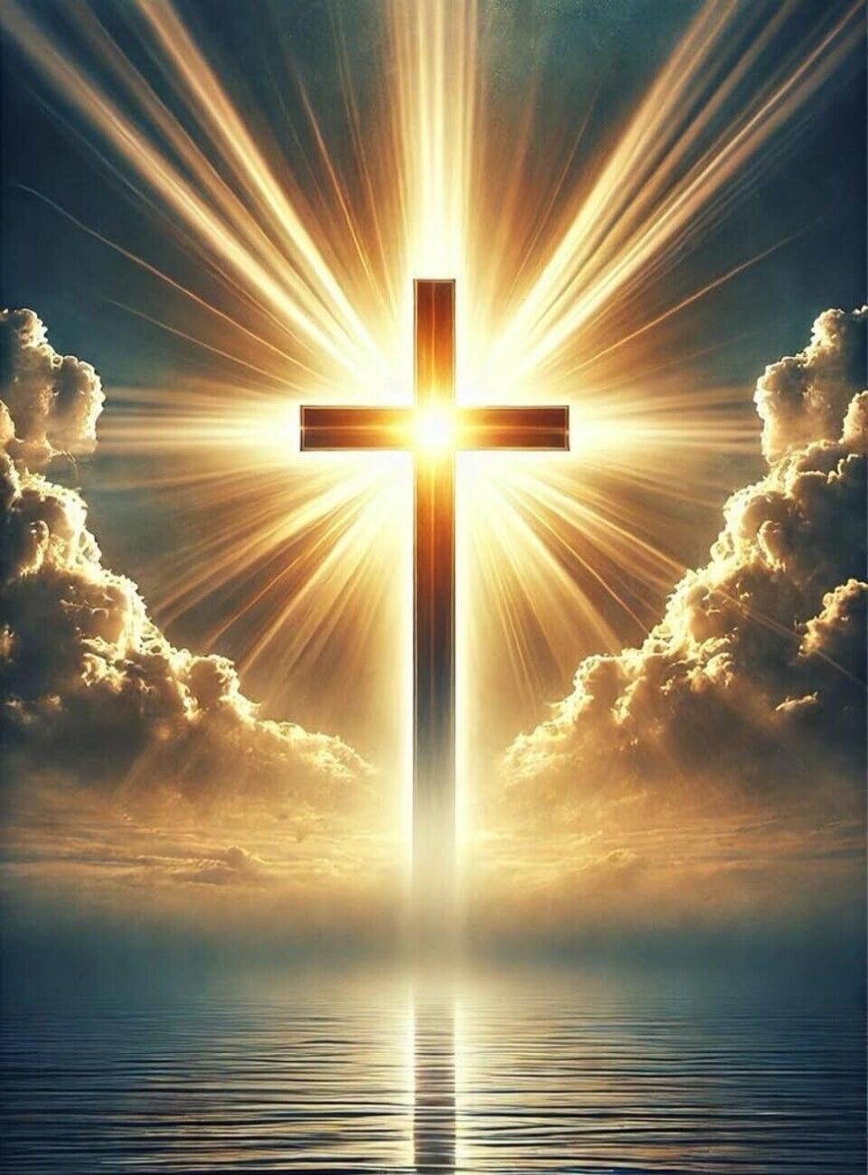 The image depicts a glowing cross against a backdrop of dramatic clouds and light rays, with a reflection on the water below. There is no speech or discernible text in the image.