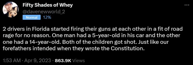 ymmw 2 drivers in Florida started firing their guns at each otherin a it of road rage for no reason One man had a 5 year old in his car and the other one had a 14 year old Both of the children got shot Just like our forefathers intended when they wrote the Constitution 7 8639K