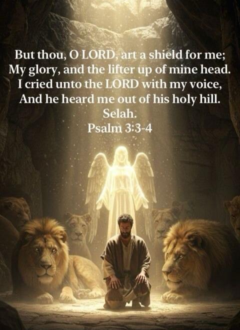 But thou, O LORD, art a shield for me; My glory, and the lifter up of mine head. I cried unto the LORD with my voice, And he heard me out of his holy hill. Selah. Psalm 3:3-4