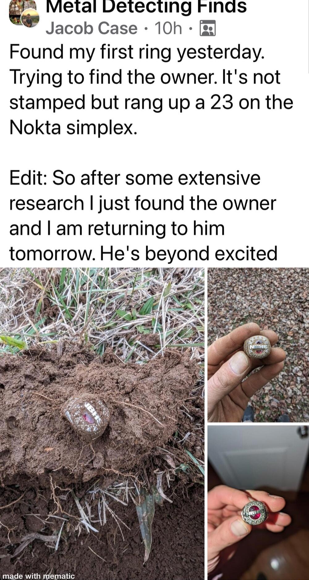 vetecting Jacob Case 10h Found my first ring yesterday Trying to find the owner Its not stamped but rang up a 23 on the Nokta simplex Edit So after some extensive research just found the owner and am returning to him beyond excited e Wit s daciatic