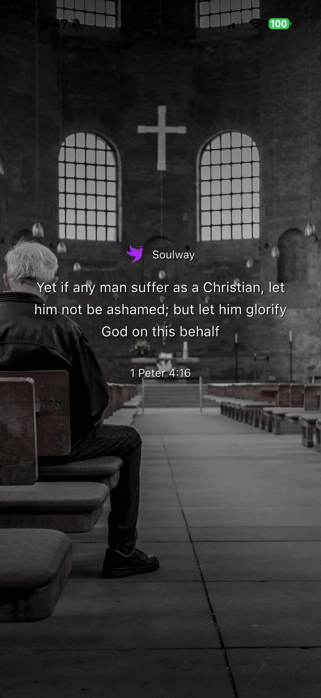 Soulway. Yet if any man suffer as a Christian, let him not be ashamed; but let him glorify God on this behalf. 1 Peter 4:16