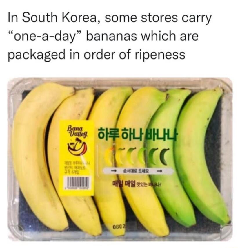 In South Korea some stores carry one a day bananas which are packaged in order of ripeness