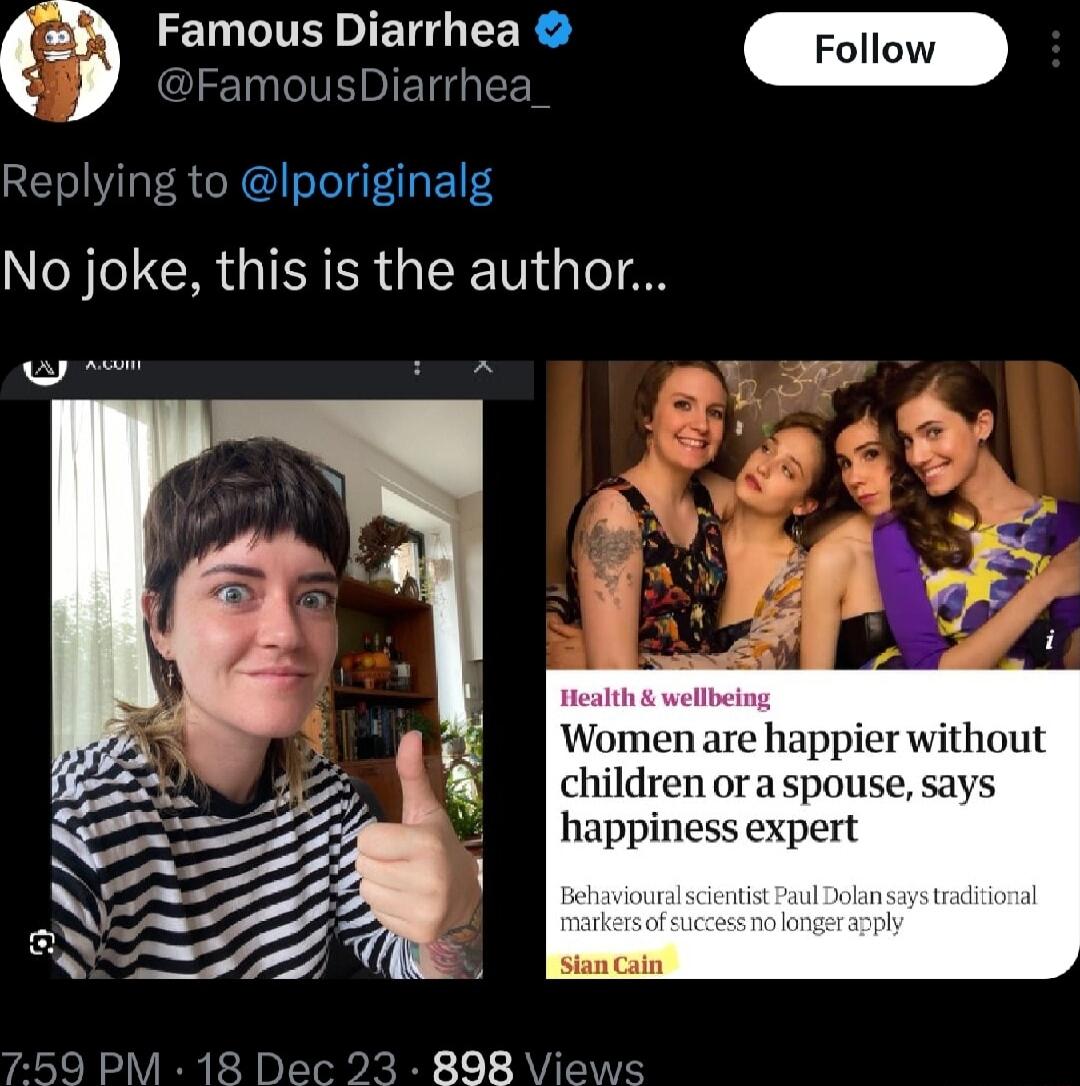 T ET EER FamousDiarrhea Replying Iporiginalg No joke this is the author e Women are happier without children oraspouse says happiness expert