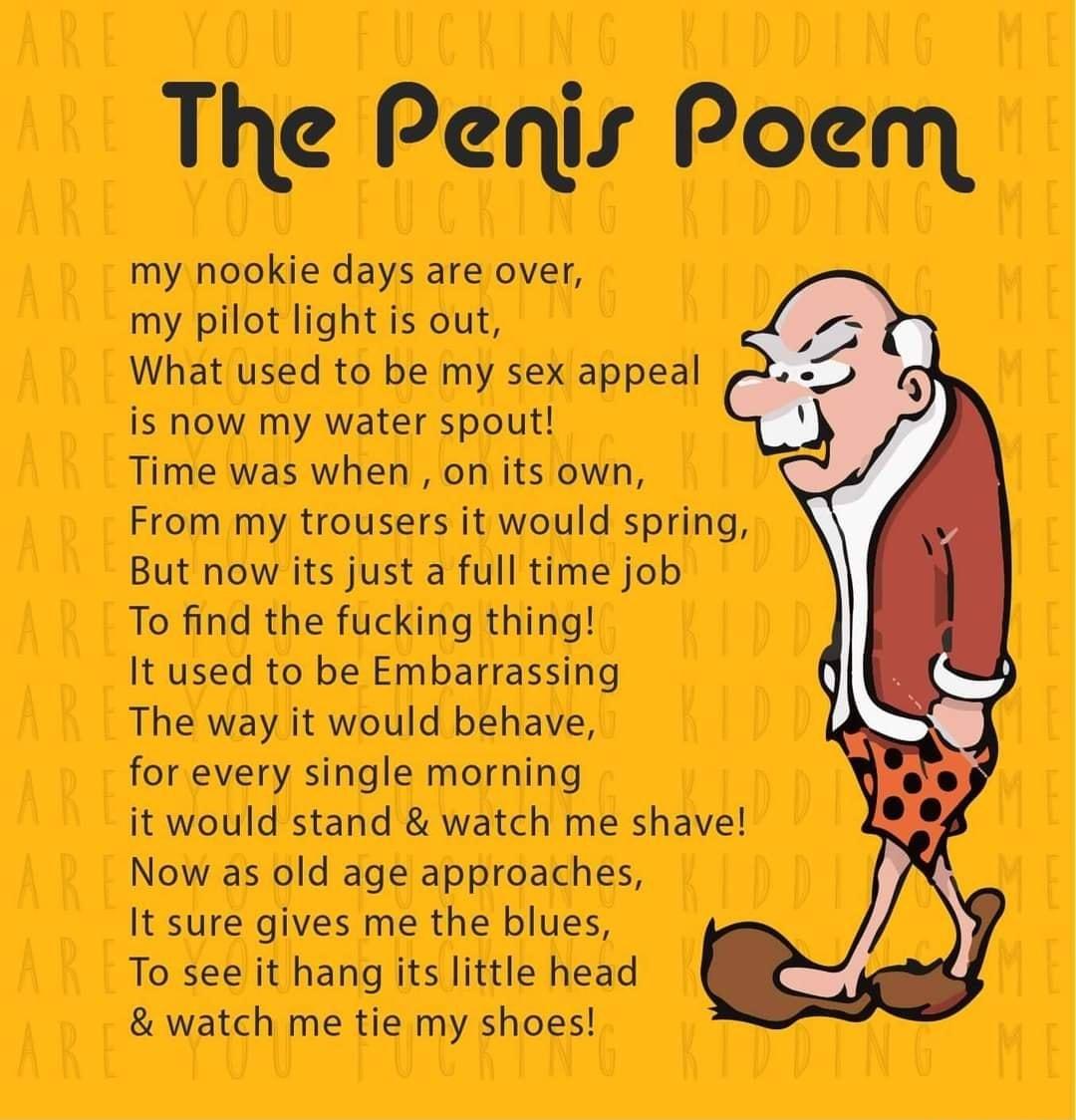 The Penis Poem my nookie days are over my pilot light is out What used to be my sex appeal is now my water spout Time was when on its own From my trousers it would spring But now its just a full time job To find the fucking thing It used to be Embarrassing The way it would behave for every single morning it would stand watch me shave Now as old age approaches It sure gives me the blues To see it h