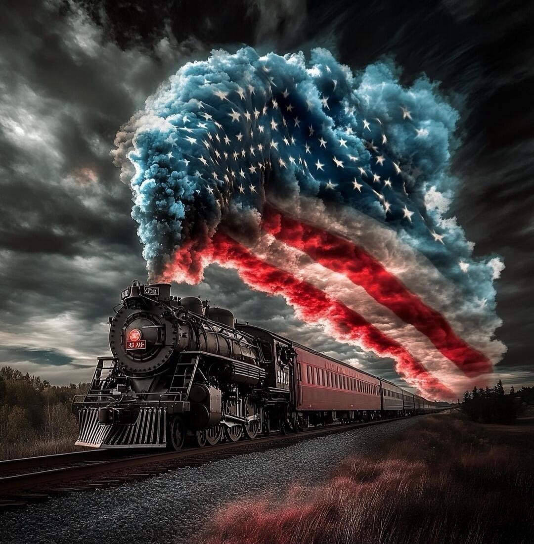 A steam train is depicted with smoke billowing from its chimney, forming the shape of the American flag. The sky is dark and cloudy, adding a dramatic effect to the scene. The train is black with red carriages, and it is moving along a railway track through a rural landscape.