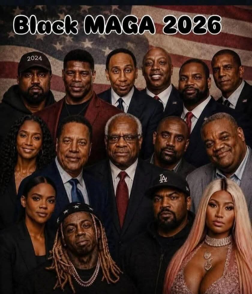 Black MAGA 2026. 2024. A composite image featuring various prominent black celebrities and political figures, some of whom are associated with conservative politics or the 'Make America Great Again' movement. The background is an American flag. Notable figures include Kanye West, Herschel Walker, Candace Owens, Lil Wayne, Ice Cube, Nicki Minaj, Cla