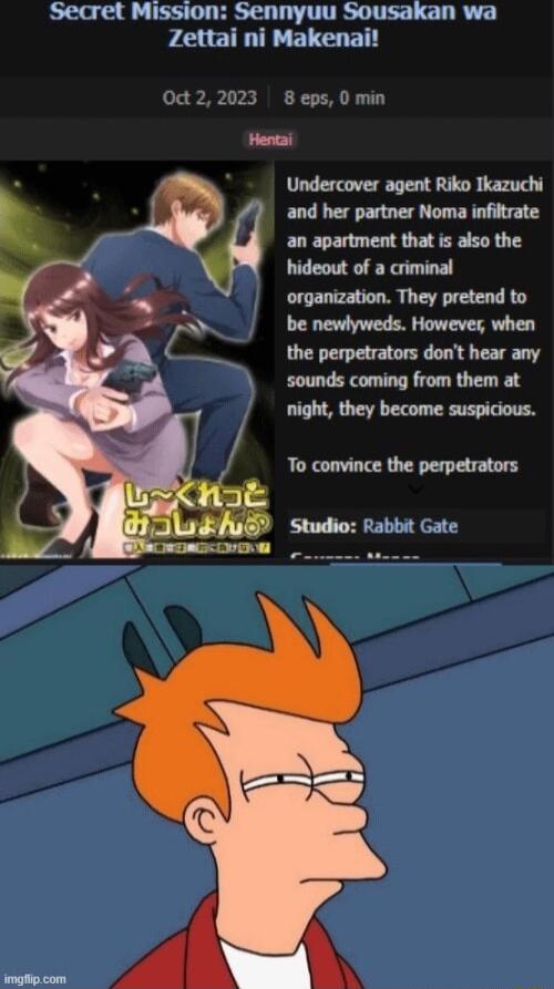 ret Missiol Sennyuu Sousakan wa Zettai ni Makenai Henta 4 Undercover agent Riko Tkazuchi and her partner Noma infiltrate an apartment that is also the hideout of a criminal organization They pretend to be newlyweds However when the perpetrators dont hear any sounds coming from them at night they become suspicious To convince the perpetrators Studio Rabbit Gate