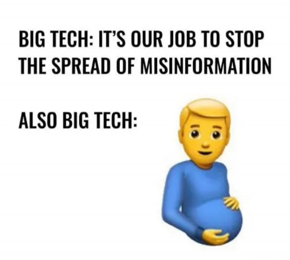 BIG TECH: IT'S OUR JOB TO STOP THE SPREAD OF MISINFORMATION ALSO BIG TECH: [emoji of a pregnant man]