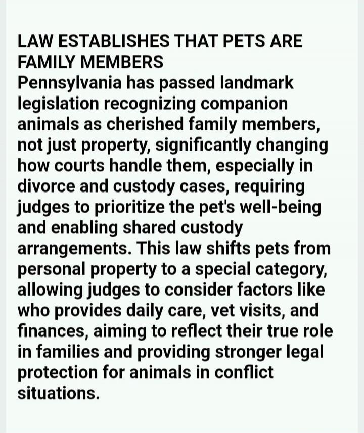 LAW ESTABLISHES THAT PETS ARE FAMILY MEMBERS Pennsylvania has passed landmark legislation recognizing companion animals as cherished family members, not just property, significantly changing how courts handle them, especially in divorce and custody cases, requiring judges to prioritize the pet's well-being and enabling shared custody arrangements. 