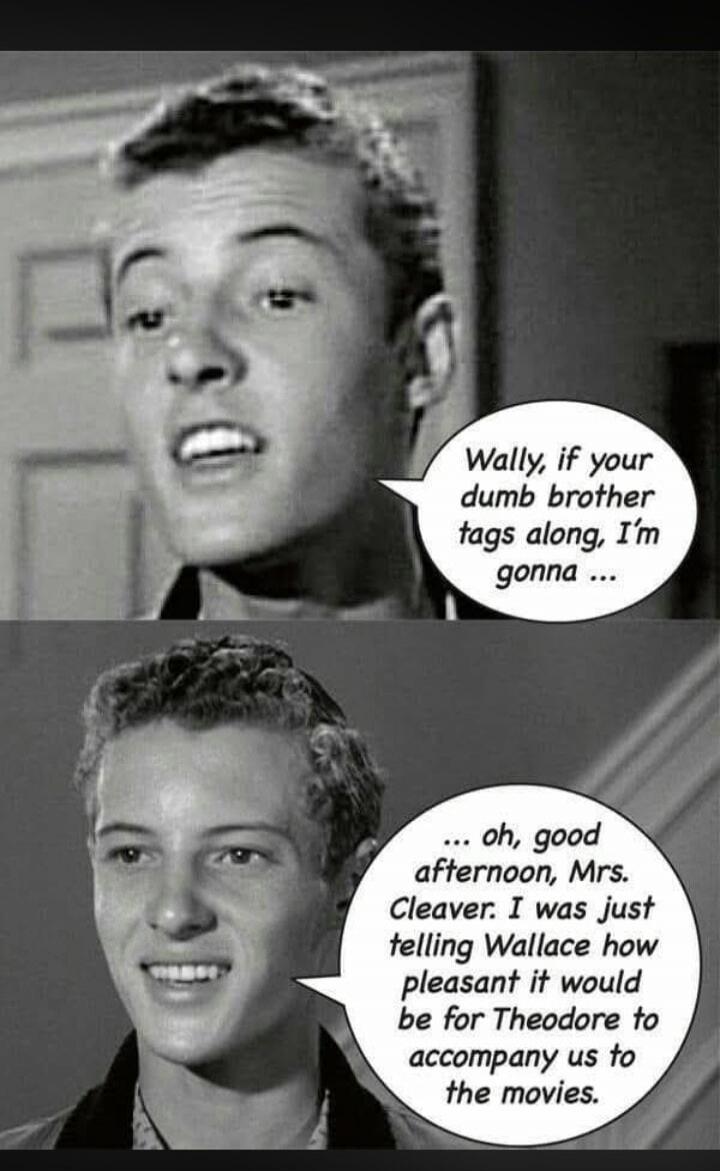 Wally, if your dumb brother tags along, I'm gonna... oh, good afternoon, Mrs. Cleaver. I was just telling Wallace how pleasant it would be for Theodore to accompany us to the movies.