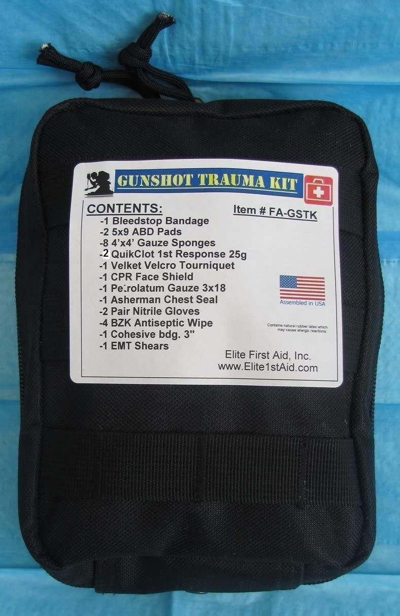 CONTENTS Bleedstop Bandage 259 ABD Pads 3 4x Gauze Sponges 2 QuikClot 1st Response 259 1 Velket Velcro Tourniquet 1 CPR Face Shield 1 Peirolatum Gauze 3x18 1 Asherman Chest Seal Pair Nitrile Gloves 4 BZK Antiseptic Wipe 1 Cohesive bdg 3 1 EMT Shears