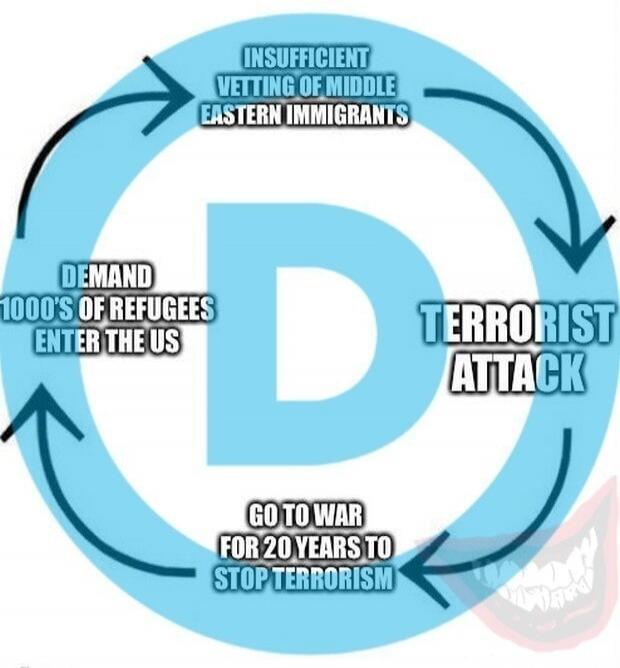 INSUFFICIENT VETTING OF MIDDLE EASTERN IMMIGRANTS. TERRORIST ATTACK. GO TO WAR FOR 20 YEARS TO STOP TERRORISM. DEMAND 1000'S OF REFUGEES ENTER THE US.