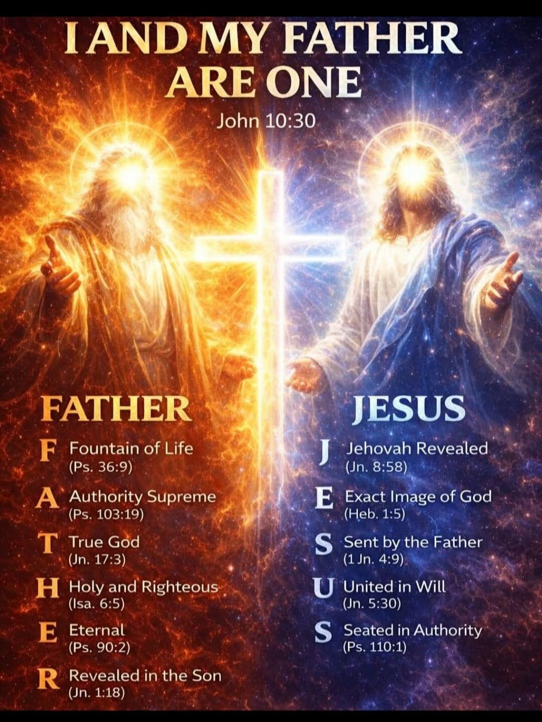 I AND MY FATHER ARE ONE John 10:30 FATHER: F Fountain of Life (Ps. 36:9) A Authority Supreme (Ps. 103:19) T True God (Jn. 17:3) H Holy and Righteous (Isa. 6:5) E Eternal (Ps. 90:2) R Revealed in the Son (Jn. 1:18) JESUS: J Jehovah Revealed (Jn. 8:58) E Exact Image of God (Heb. 1:5) S Sent by the Father (1 Jn. 4:9) U United in Will (Jn. 5:30) S Seat