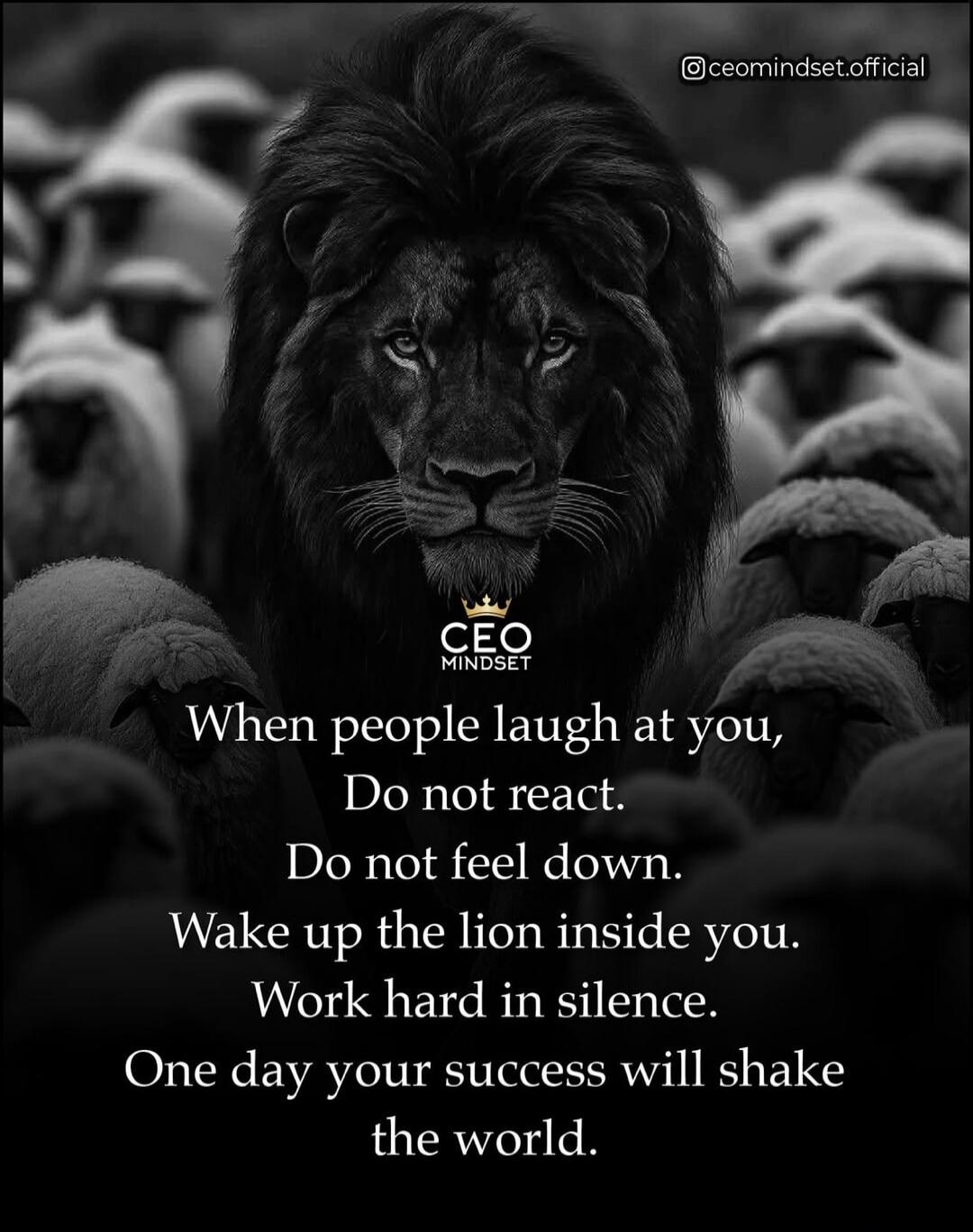 When people laugh at you, Do not react. Do not feel down. Wake up the lion inside you. Work hard in silence. One day your success will shake the world. @ceomindset.official CEO MINDSET