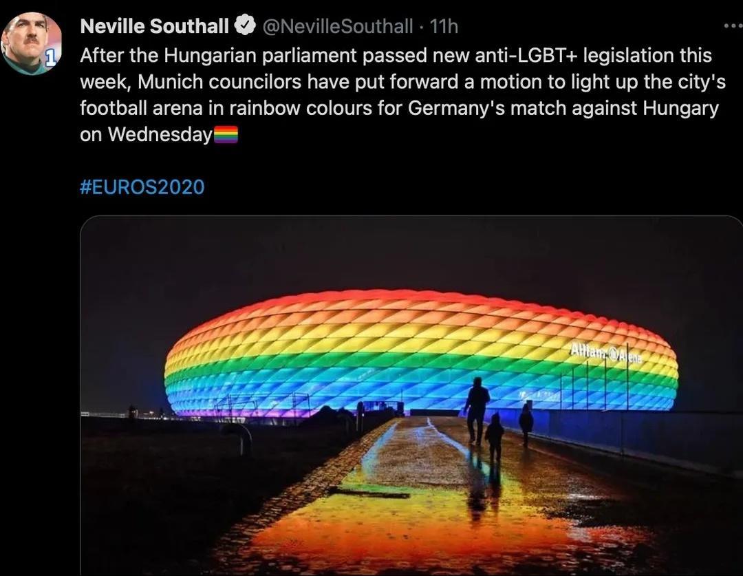 Neville Southall NevilleSouthall 11h After the Hungarian parliament passed new anti LGBT legislation this week Munich councilors have put forward a motion to light up the citys football arena in rainbow colours for Germanys match against Hungary on Wednesday EUR0OS2020