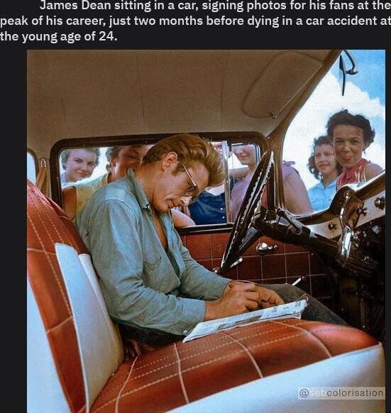 James Dean sitting in a car signing photos for his fans at the peak of his career just two months before dying in a car accident at the young age of 24