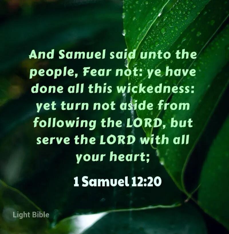 And Samuel said unto the people, Fear not: ye have done all this wickedness: yet turn not aside from following the LORD, but serve the LORD with all your heart; 1 Samuel 12:20 Light Bible