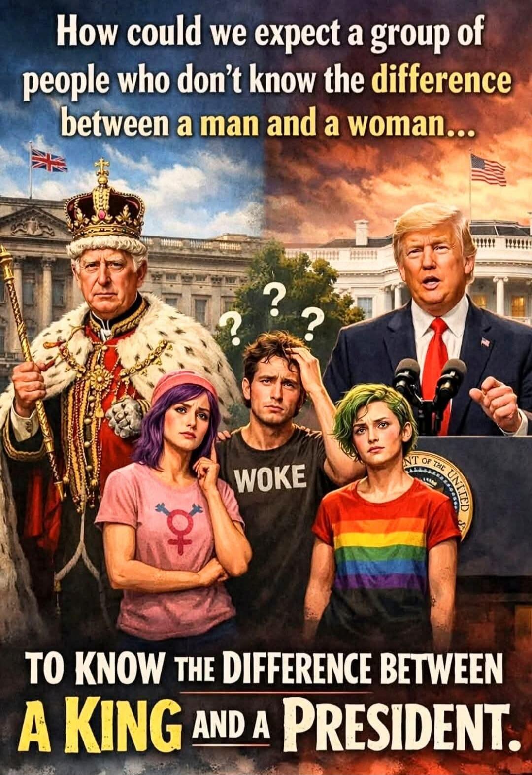 How could we expect a group of people who don't know the difference between a man and a woman... TO KNOW THE DIFFERENCE BETWEEN A KING AND A PRESIDENT. WOKE