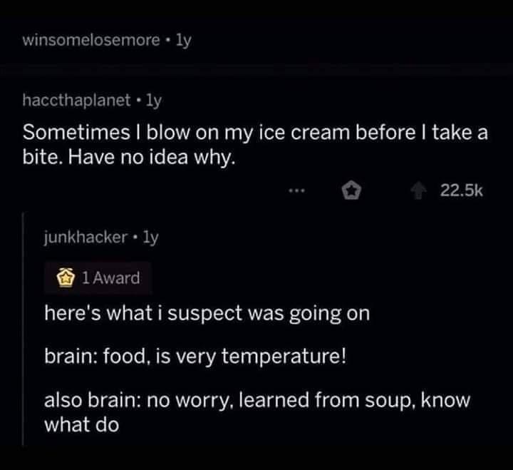 winsomelosemore 1y RESGETIET T EN Y Sometimes blow on my ice cream before take a o M g g ToR e RV YA o 225k JL G ET KT Y 1Award heres what i suspect was going on o 11 W8 oToTe M ERVY gV T gTo 1T 1 aW 11 also brain no worry learned from soup know what do