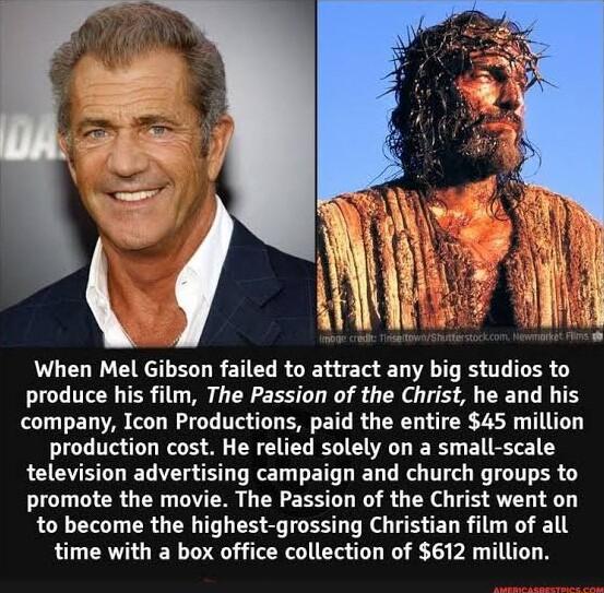 When Mel Gibson failed to attract any big studios to produce his film The Passion of the Christ he and his company Icon Productions paid the entire 45 million production cost He relied solely on a small scale television advertising campaign and church groups to promote the movie The Passion of the Christ went on to become the highest grossing Christian film of all time with a box office collection