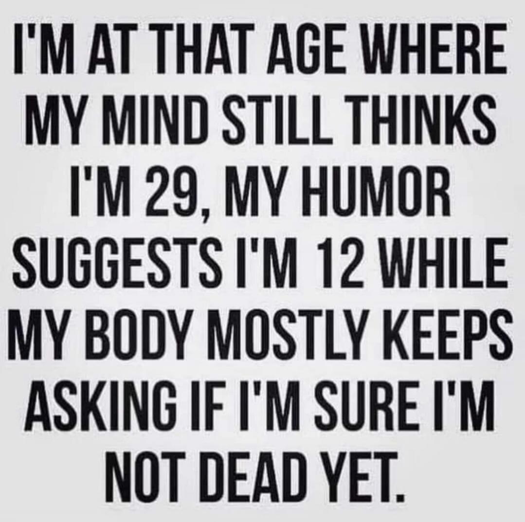 I'M AT THAT AGE WHERE MY MIND STILL THINKS I'M 29, MY HUMOR SUGGESTS I'M 12 WHILE MY BODY MOSTLY KEEPS ASKING IF I'M SURE I'M NOT DEAD YET.