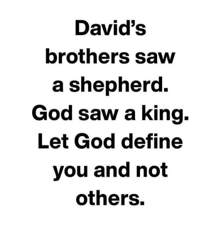 David's brothers saw a shepherd. God saw a king. Let God define you and not others.