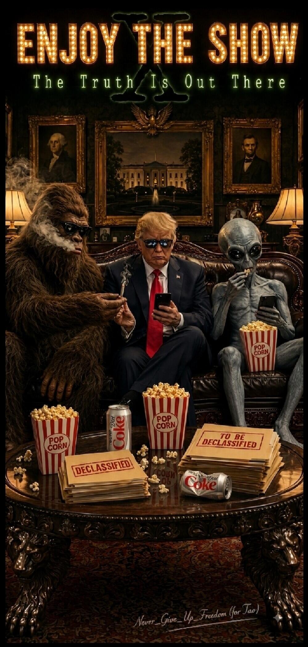 ENJOY THE SHOW The Truth Is Out There DECLASSIFIED TO BE DECLASSIFIED POP CORN Diet Coke Never Give Up Freedom (for Tao)