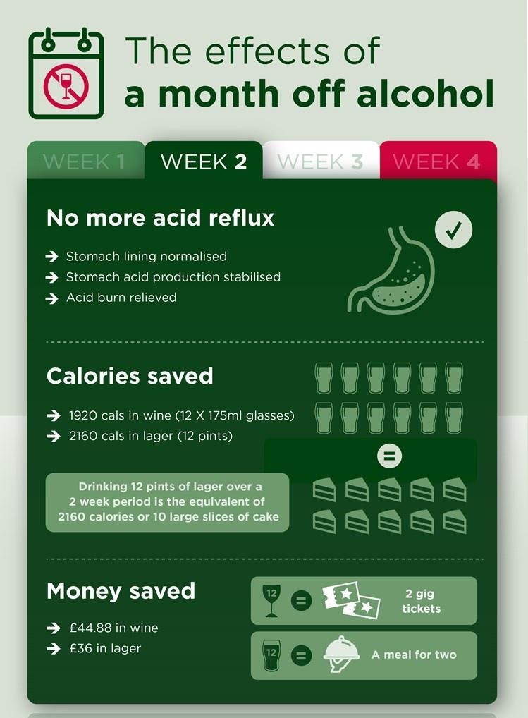 58 The effects of a month off alcohol No more acid reflux Stomach lining normalised Stomach acid production stabilised Acid burn relieved o1 o J T NVLTe 1920 cals in wine 12 X 175ml glasses 2160 cals in lager 12 pints Drinking 12 pints of lager over a 2 week period is the equivalent of 2160 calories or 10 large slices of cake Money saved 4488in wine 36in lager HEALTHCARE