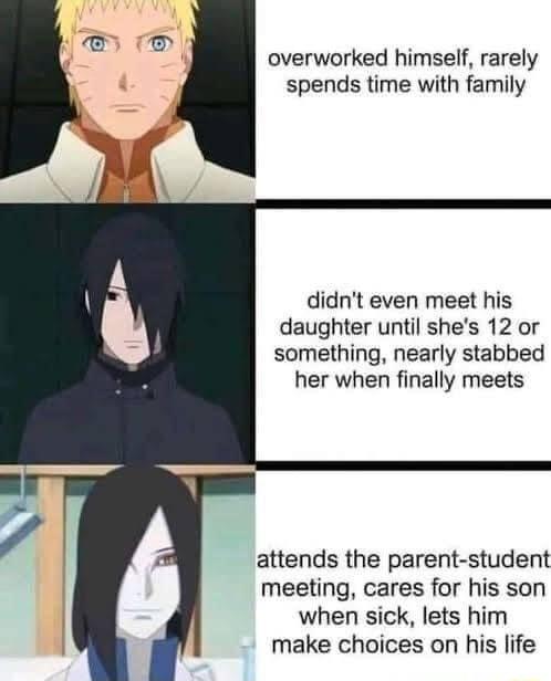 overworked himself rarely spends time with family didnt even meet his daughter until shes 12 or something nearly stabbed her when finally meets attends the parent student meeting cares for his son when sick lets him make choices on his life