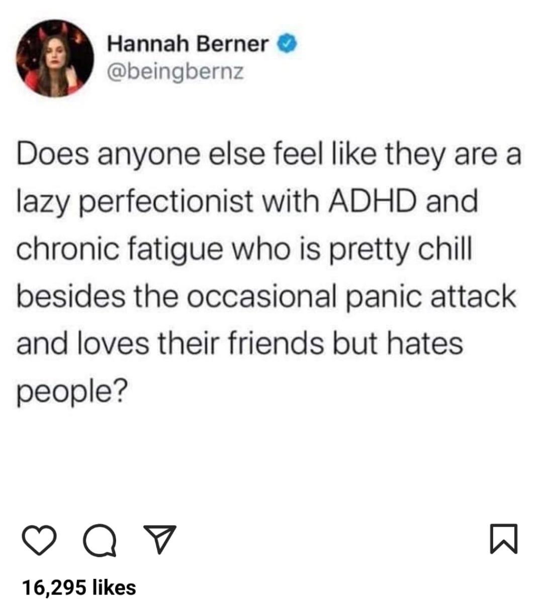 Hannah Berner beingbernz Does anyone else feel like they are a lazy perfectionist with ADHD and chronic fatigue who is pretty chill besides the occasional panic attack and loves their friends but hates people Qv W 16295 likes