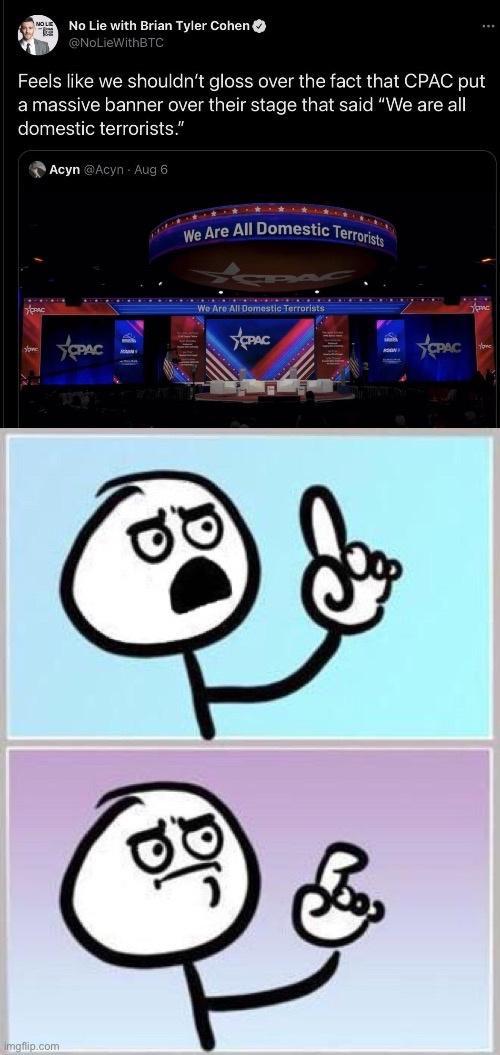 No Lie with Brian Tyler Cohen Feels lie we shouldnt gloss over the fact that CPAC put amassive banner over their stage that said We are all domestic terrorists S heym e Are All Domestic Te